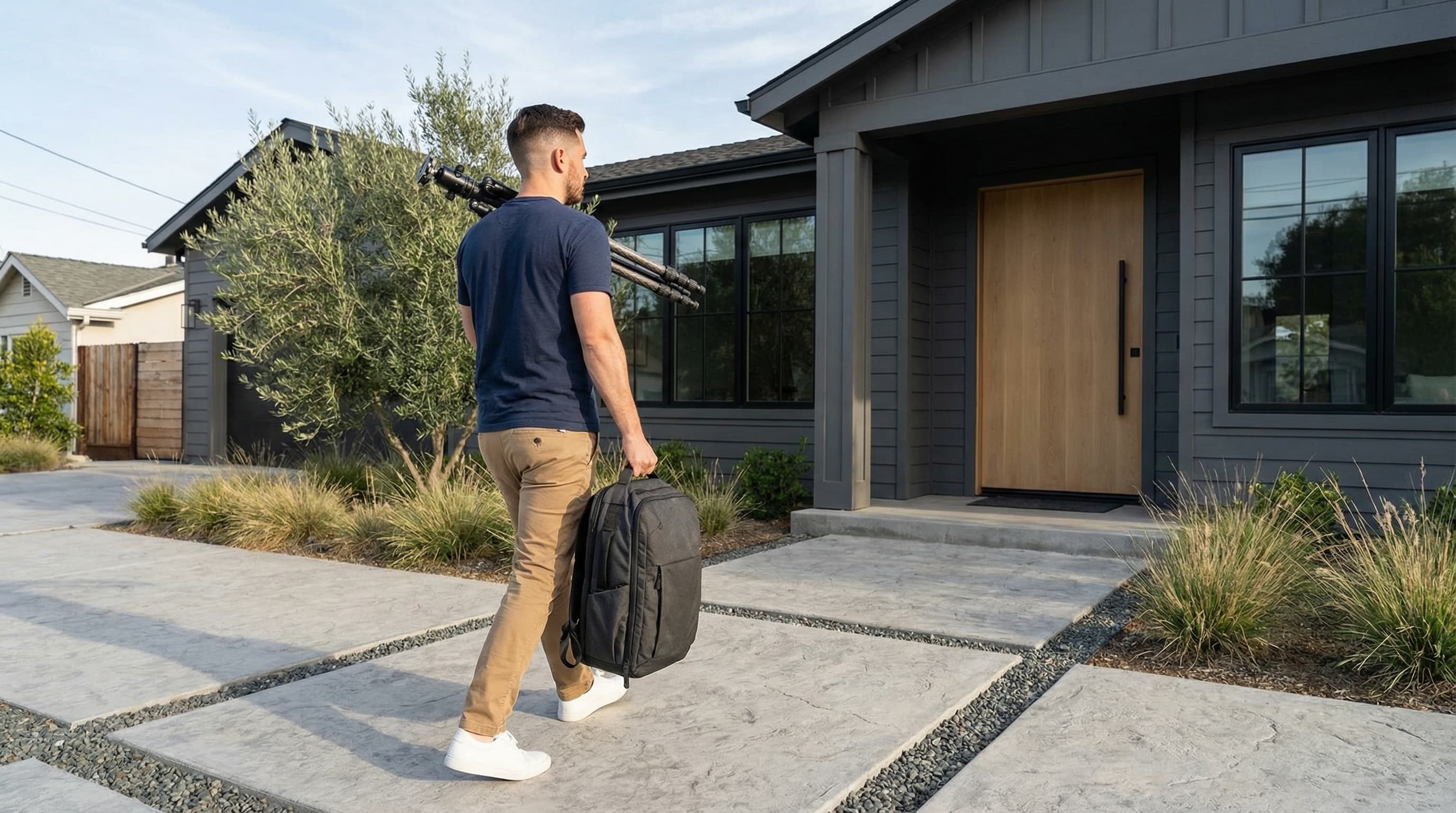 Professional photographer arriving at luxury property for a real estate shoot