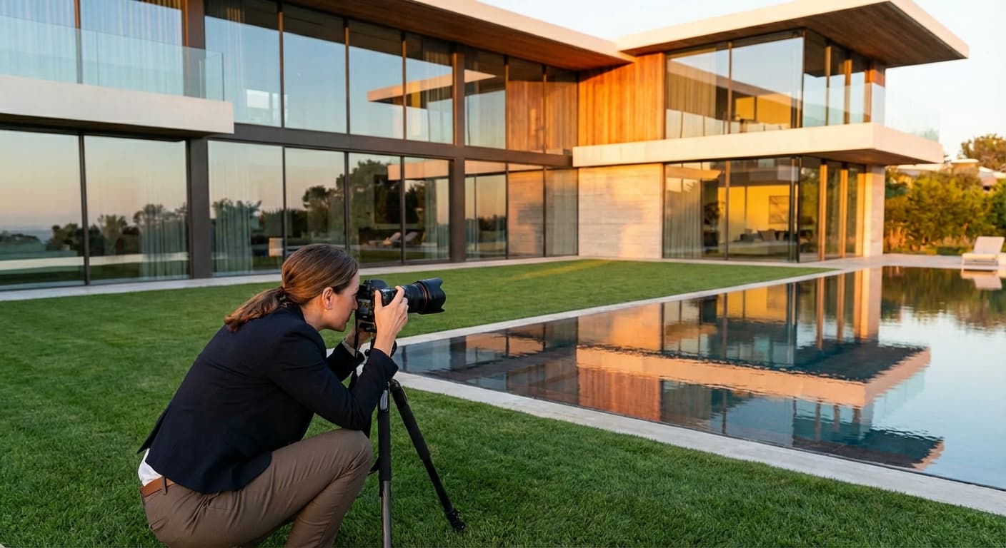 Professional photographer capturing luxury property at golden hour